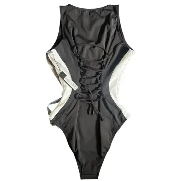 NWT TA3 Sleeveless Surfy Crewneck One Piece Swimsuit Size Large Black White - Picture 6 of 11